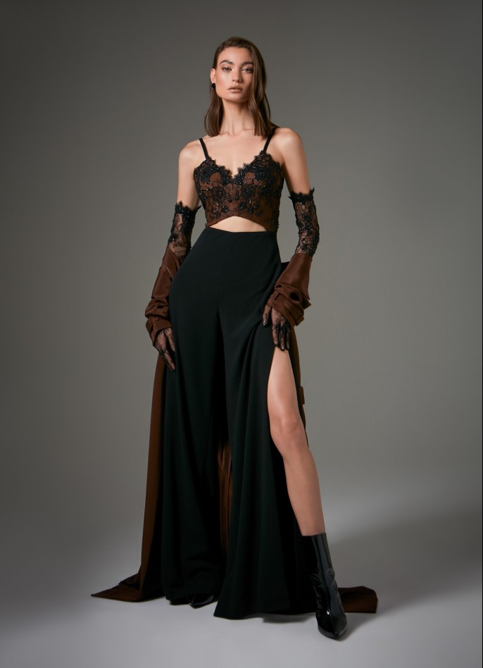 BROWN / BLACK HAND-EMBROIDERED SPANISH LACE CREPE-BLEND JUMPSUIT